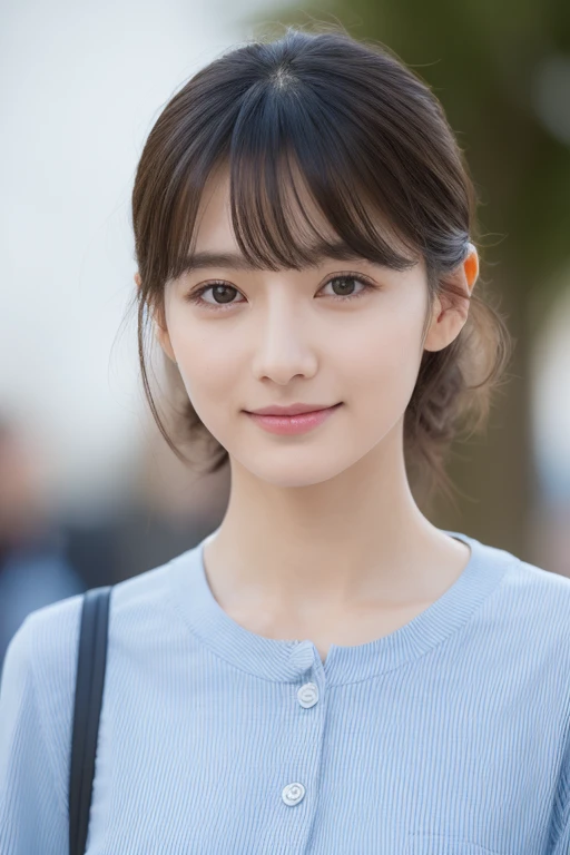 ((highest quality, 8k)),Beautiful woman with perfect figure, Slim Abs, Highly detailed face and skin texture, double eyelid, Small Bust,Symmetrical face、Sebaceous reflex、bangs,Delicate facial features、The face is very realistic、Bright Eyes、Looking at the audience、Extremely realistic skin、Background is sky、Movie style、Gentle expression、smile、whiteＴshirt、Natural look