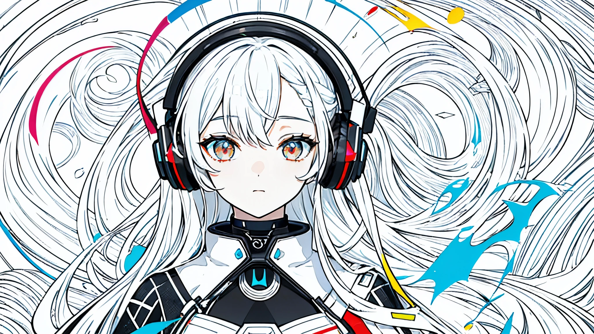 Create an artistic poster for a company event featuring a modern art theme. The central image should be a woman wearing headphones. The style should blend realism with abstract art elements.

1. **Background:** 
   - Neutral colors (white, grey, black) as the base.
   - Incorporate abstract and bold graphic patterns or geometric shapes.
   - Use gradients and vivid color blocks (blue, red, yellow) to add movement and vibrancy.

2. **Central Image:**
   - A realistic portrait of a woman wearing futuristic, metallic or transparent headphones, blended with abstract art overlays.
   - Add modern art elements such as paint splashes or collage effects on parts of her portrait to enhance the artistic feel.

3. **Text and Fonts:**
   - Main headline in a modern, straight-line sans-serif font to emphasize event name, date, and location.
   - Subtext in a handwritten-style font to add softness and personal touch.
   - Include company logo and event details in smaller, readable fonts at the bottom.

4. **Color Scheme:**
   - Primary colors: Black, white, with vivid accents such as red, blue, yellow.
   - Use natural tones for the woman's portrait to make her stand out from the abstract background.

5. **Layout:**
   - **Top Section:** Large event title for impact. Example: "Night of Art and Music".
   - **Center:** Large image of the woman with headphones.
   - **Bottom Section:** Event date, time, location, and brief details.
   - **Background:** Radial gradients or abstract patterns emanating from the center.

6. **Dimensions and Format:**
   - Poster size: A1 (594mm x 841mm).
   - Color mode: CMYK for print.

7. **Slogan:**
   - "Where music and art intersect, the future unfolds."

