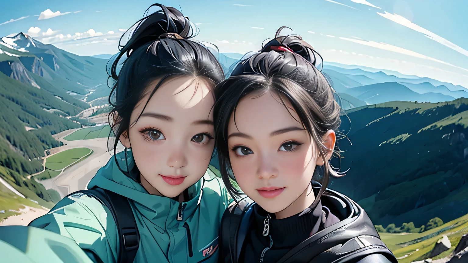 (masterpiece, top quality, 8k wallpaper, high resolution, ultra-realistic), two girls, two people, short cut, ponytail, detailed eyes, detailed nose, mouth details, one with short hair and the other with ponytail, , black eyes, carrying a large backpack, backpacker, mountaineer, view from the top of the mountain, fine hands, green mountain, mountain jacket over outerwear, T-shirt, trekking, smiling, selfie, fisheye lens