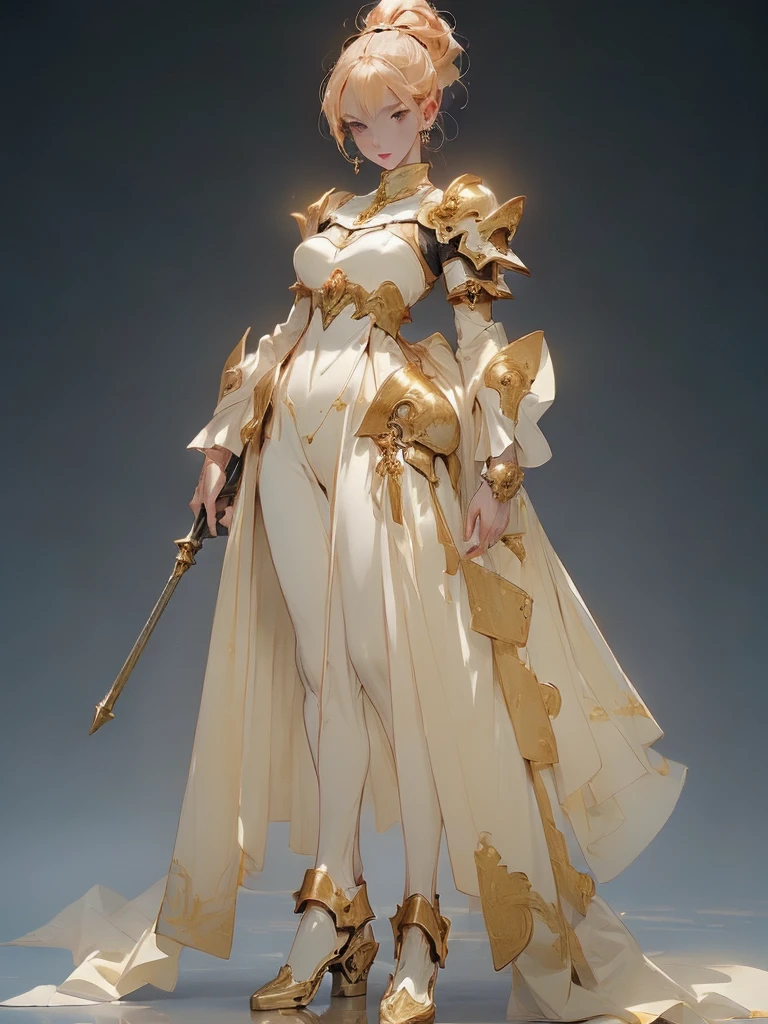 Design a layout showcase Gaming character, (1girl). Golden+Purle clothes, stylish and unique, ((showcase weapon:1.4)), magic staff, (masterpiece:1.2), (best quality), 4k, ultra-detailed, (Step by step design, layout art:1.5), (luminous lighting, atmospheric lighting), magican, ((glove full hands)), (((revealing clothes:1.3))), vambraces, armored legwear, (((full_body_shot:1.4)))