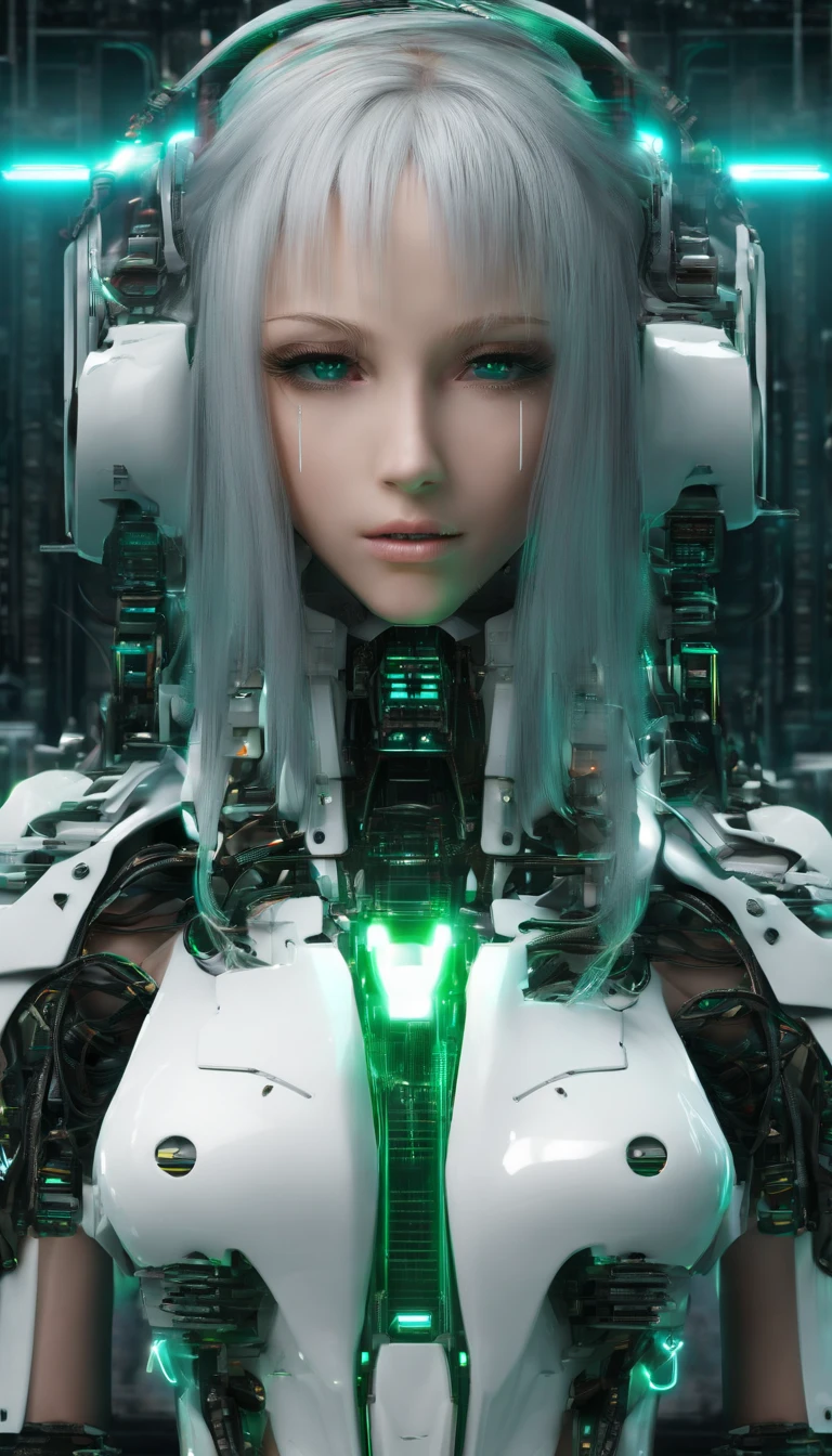 best quality, highres), green-haired girl with long hair, close-up of her face, wearing a white skirt, details of her eyes and face, bright colors, soft lighting, digital illustration, ethereal atmosphere