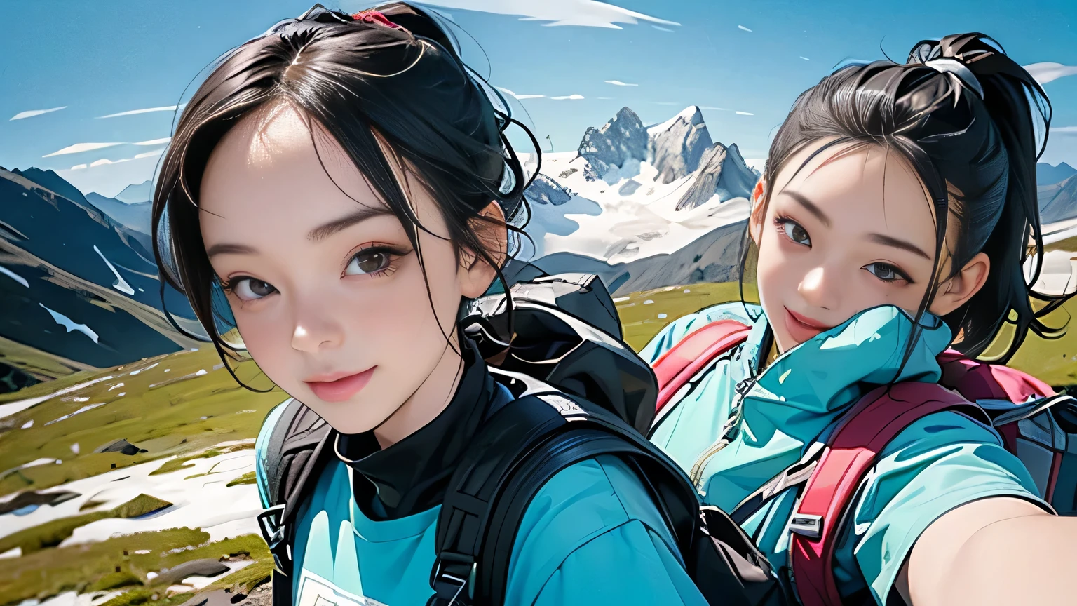 (masterpiece, top quality, 8k wallpaper, high resolution, ultra-realistic), two girls, two people, short cut, ponytail, detailed eyes, detailed nose, mouth details, one with short hair and the other with ponytail, , black eyes, carrying a large backpack, backpacker, mountaineer, view from the top of the mountain, fine hands, green mountain, mountain jacket over outerwear, T-shirt, trekking, smiling, selfie, fisheye lens