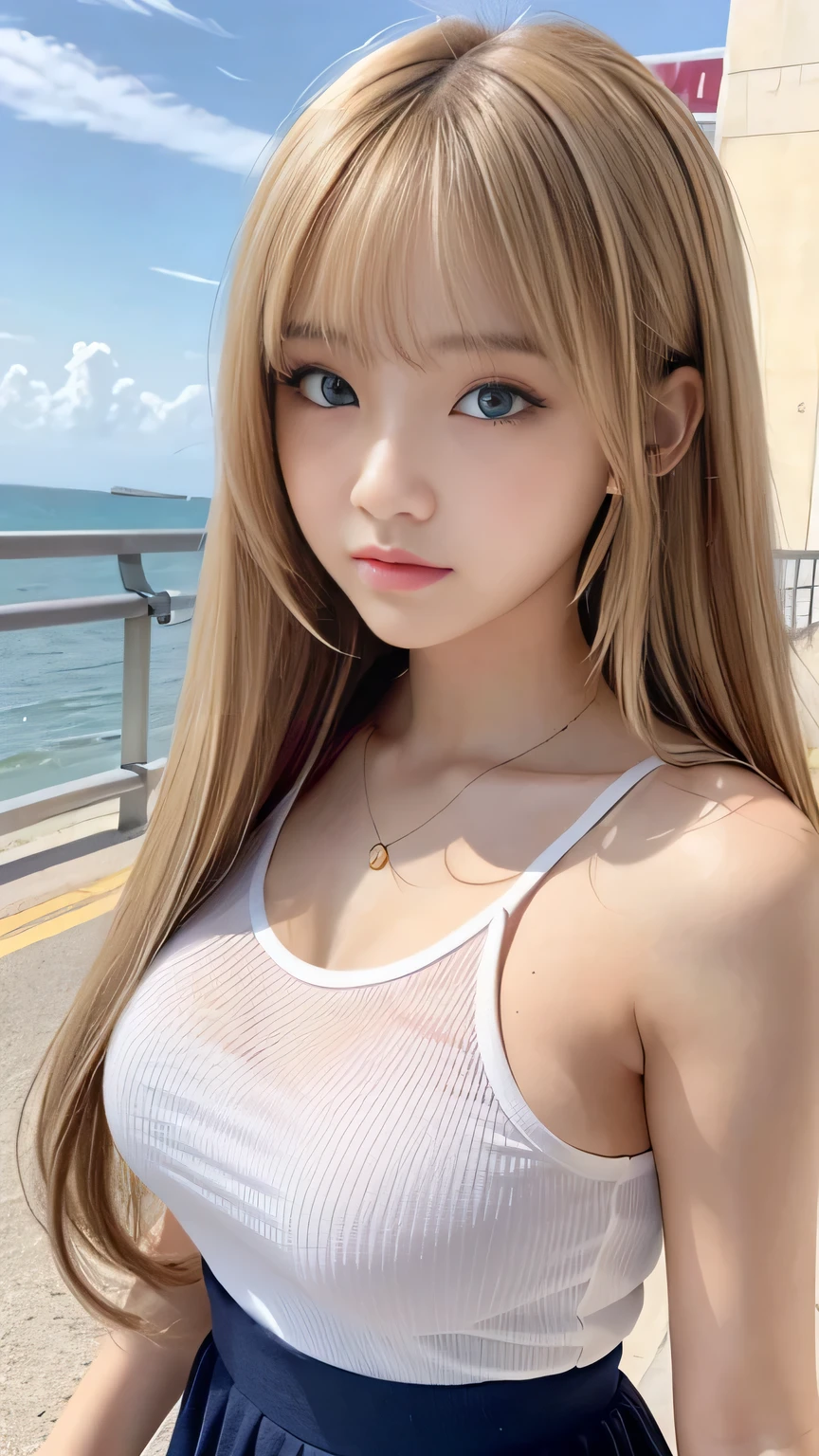 Sexy Big 、Sexy cute looks and cute 15 year old beautiful girl, beautiful and sexy face、A strong wind blows my hair in front of my face、With straight blonde hair、beautiful, Cute and sexy eyes hidden behind long bangs、Gal outfit coordination