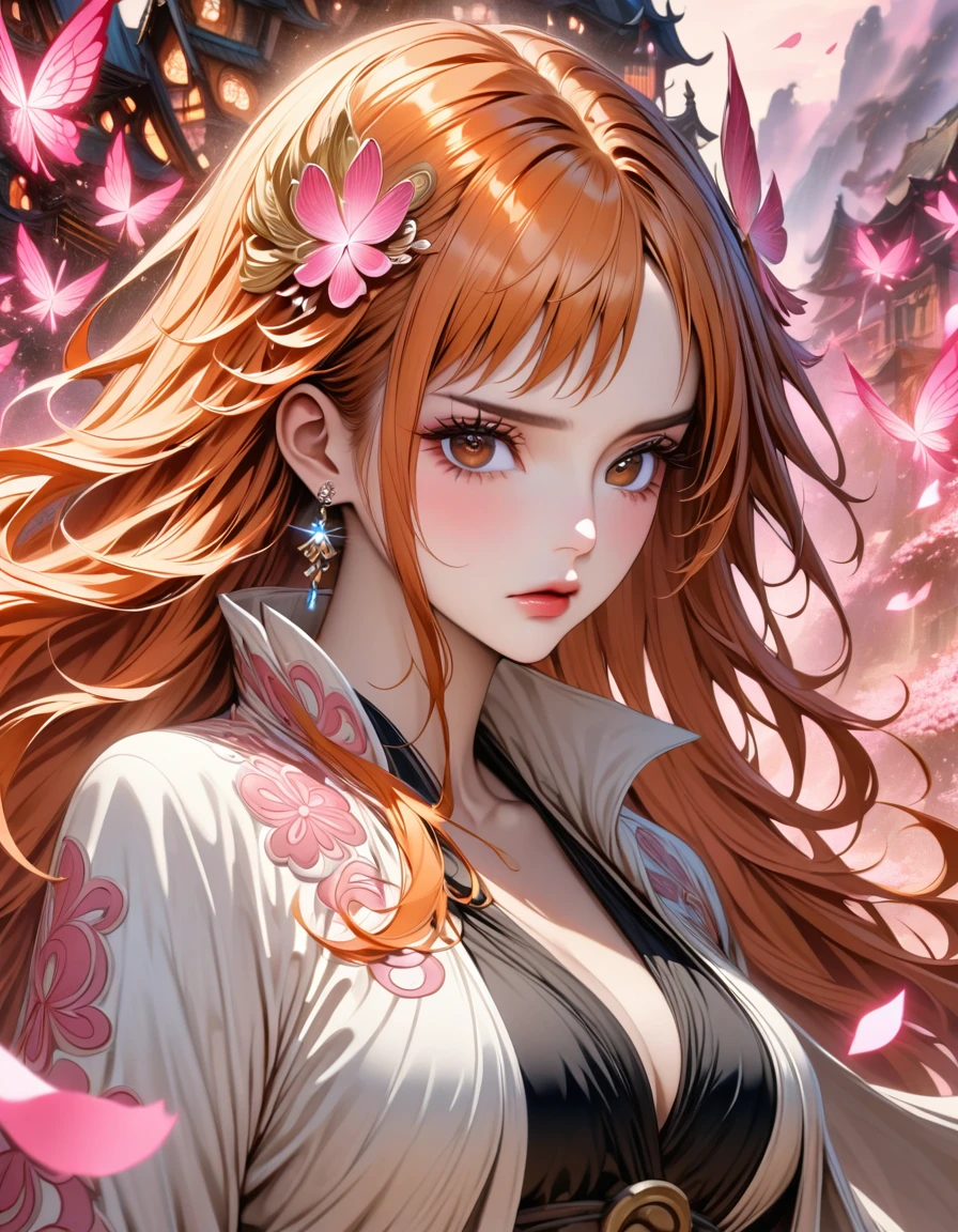 Ultra detailed, highres, absurdres, HDR, Nami, orange long hair, expressive brown eyes, pink petals, pink flowers, woman, One Piece, solo, extremely beautiful, very detailed face and eyes, white jacket with patterns, black long dress, pink background, fantasy, magical, glittering pink butterflies,