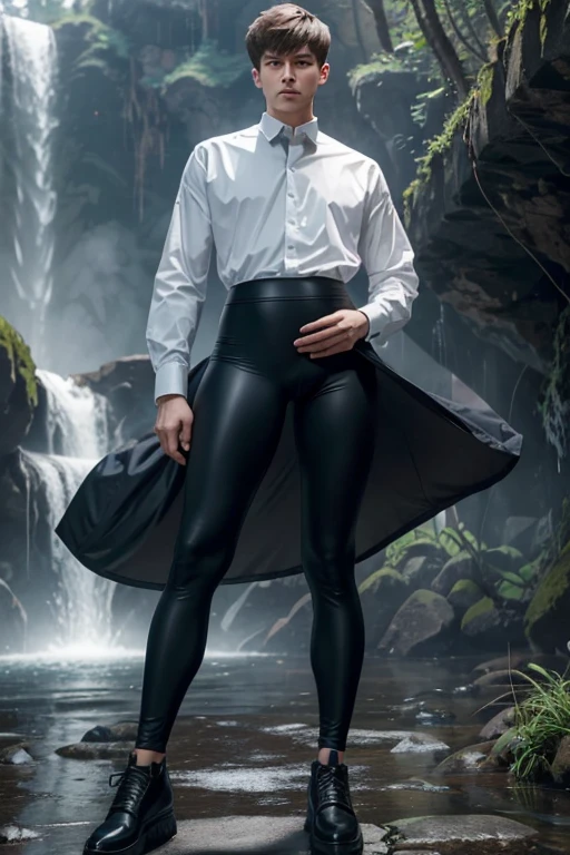 A Russian young man having long legs, thick thighs, large hips, thin and narrow weist, big large feminine body, long legs, thick thighs, large wide hips, very small spikey boyish haircut, wearing formal shirt and leggings, penis growing in his leggings, waterfall, man, man, man small beard, man, man man, Russian 