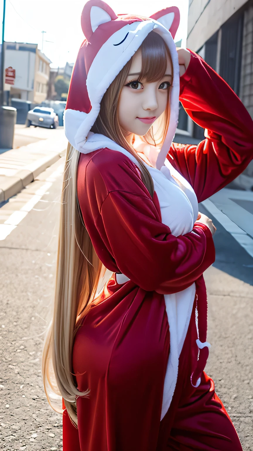Kigurumi Costume Pajamas、Sexy Big 、A cute -yeld giwith a sexy and cute look, beautiful and sexy face、A strong wind blows my hair in front of my face、With straight blonde hair、beautiful, Cute and sexy eyes hidden behind long bangs、Costume pajamas