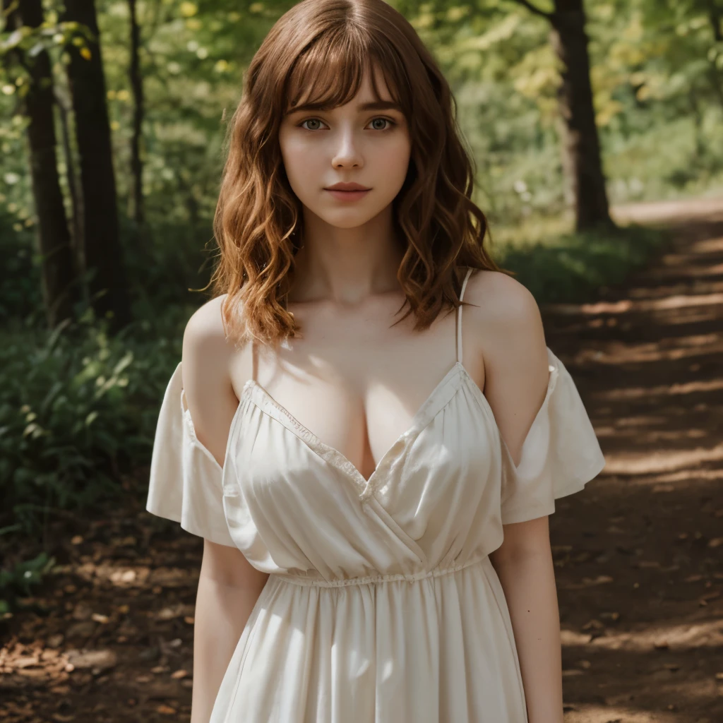 Sophia Lillis, thick body, long wavy hair, extra pale skin, dark makeup, bright sunlight, loose dress, cleavage