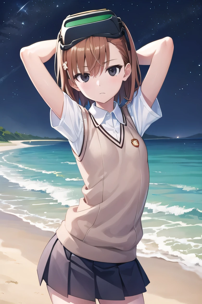 short hair, brown hair, black eyes, empty eyes, goggles, goggles on head, head-mounted display, , sweater vest, shirt, skirt, white shirt, pleated skirt, v-neck, short sleeves, tokiwadai , misaka imouto,  solo, night sky, beach, arms behind head, contrapposto, spread armpits, closed mouth, (cowboy shot:1.5), looking at viewer, shaking hips,