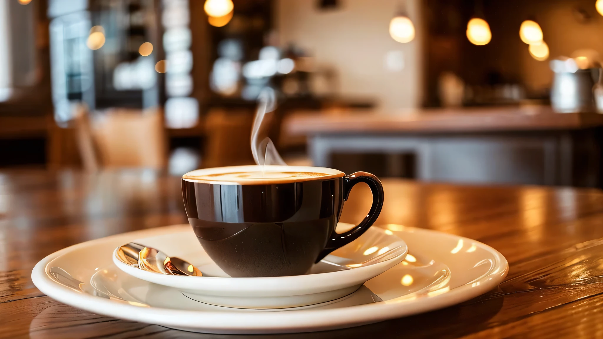 there is a cup of coffee on a saucer on a table, sitting at a mocha-colored table, Cozy cafe background, cup of coffee, coffee cup, cappuccino, morning coffee, hot coffee, enjoying coffee at a coffee shop, coffee, steaming coffee, Portrait Shot, in a coffee shop, morning, drinking a cup of coffee