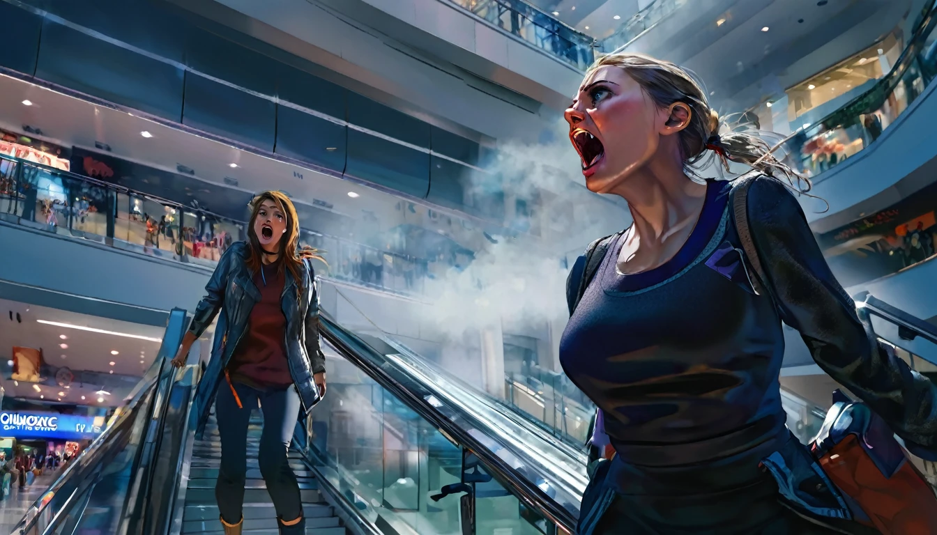 a woman screaming in terror, liquid metal coalescing into a bloodthirsty demon, busy shopping mall, hyper realistic, cinematic lighting, dramatic shadows, volumetric fog, vibrant colors, unreal engine, photorealistic, detailed facial features, expressive eyes, highly detailed, 8k, masterpiece, cinematic composition, dramatic atmosphere, intense contrast, moody lighting