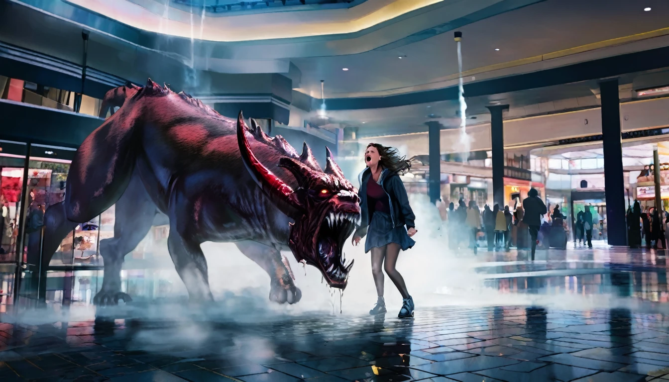 a woman screaming in terror, liquid metal coalescing into a bloodthirsty demon, busy shopping mall, hyper realistic, cinematic lighting, dramatic shadows, volumetric fog, vibrant colors, unreal engine, photorealistic, detailed facial features, expressive eyes, highly detailed, 8k, masterpiece, cinematic composition, dramatic atmosphere, intense contrast, moody lighting