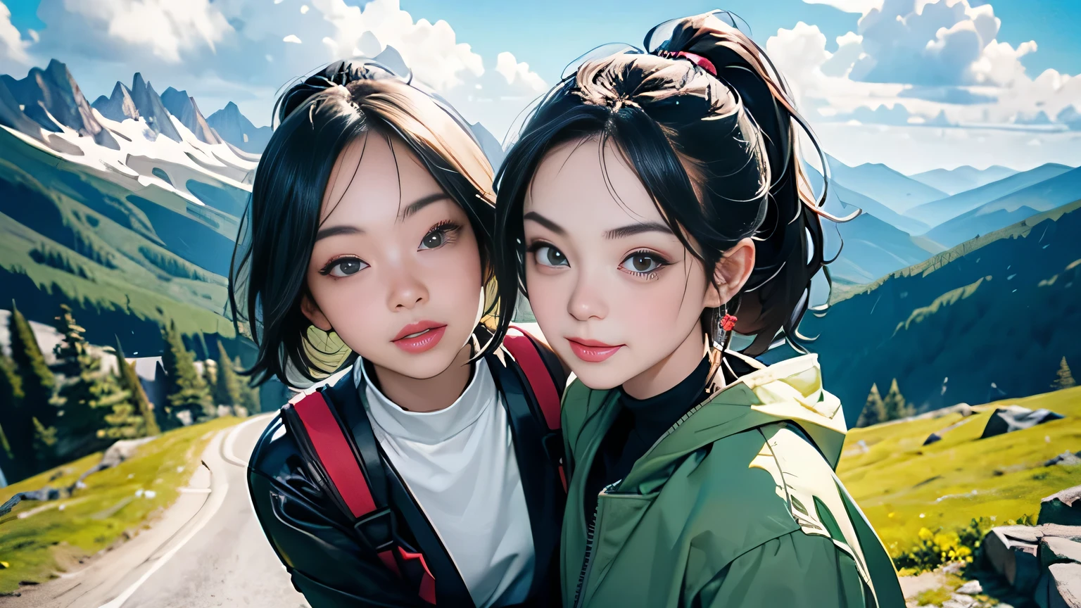 (masterpiece, top quality, 8k wallpaper, high resolution, ultra-realistic), two girls, two people, short hair, ponytail, pretty woman, big eyes, detailed nose, mouth details, one person with short hair One person has a ponytail, dark eyes, carrying a large backpack, backpacker, mountaineer, view from the top of the mountain, small hands, green mountain, outerwear and mountain jacket, T-shirt, trekking, smile, self Photography, fisheye lens