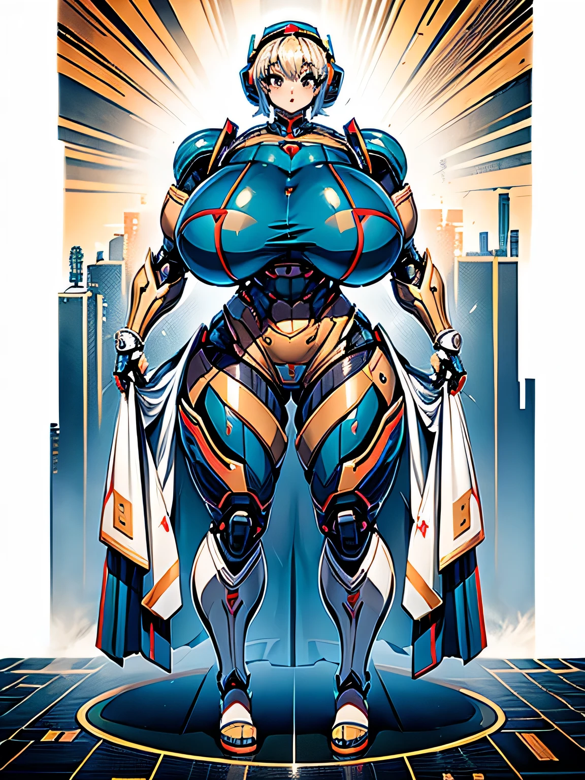 robot girl, humanoid robot, robot joint, huge breasts, voluptuous body, knee shot