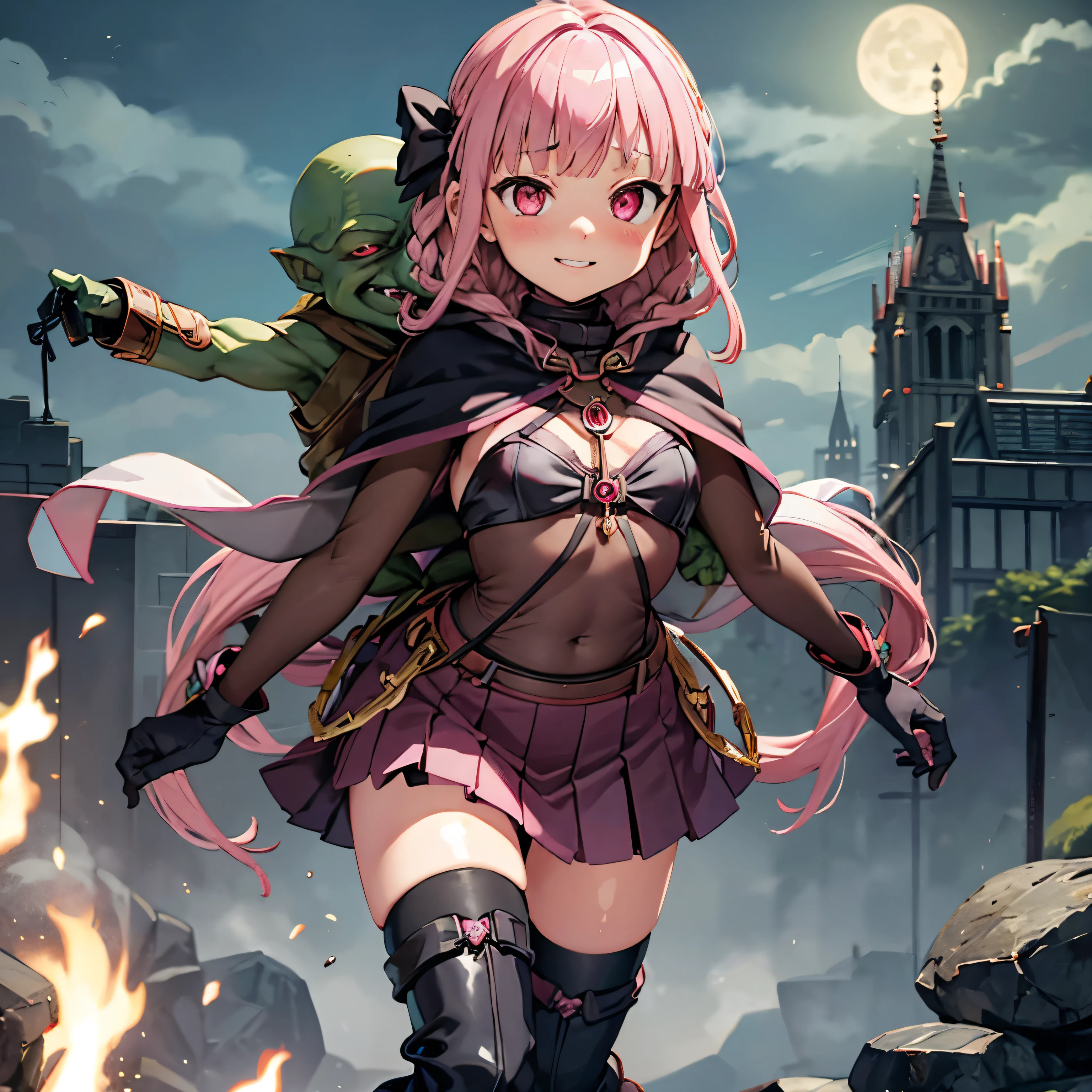 masterpiece, (((goblinriding, a goblin is riding a girl))), goblin, mutiple goblins, goblins, (((all fours))), 1girl, (magical girl:1.1), (nose hook), reins, collar, chain, rope, obey, happy trance, smile, hair ornaments, small breast, expressionless, emotionless, blank eyes, empty eyes, mind control, apocalyptic background, hooded cloak,bodystocking,pink miniskirt,gloves,long boots, tamaki_iroha_puellamagimadokamagicasidestorymagiarecord, pink_hair, pink_eyes, bangs, blunt_bangs, braid, sidelocks, blush, bow, long_hair, Tamaki Iroha, monster, glowing eyes, horror, goblin gangbang
