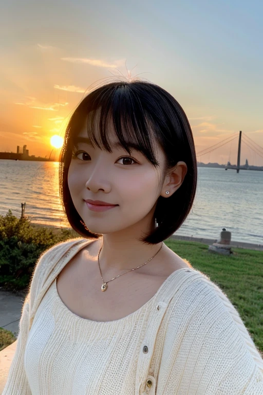 woman in bob watching the sunset, round face, 