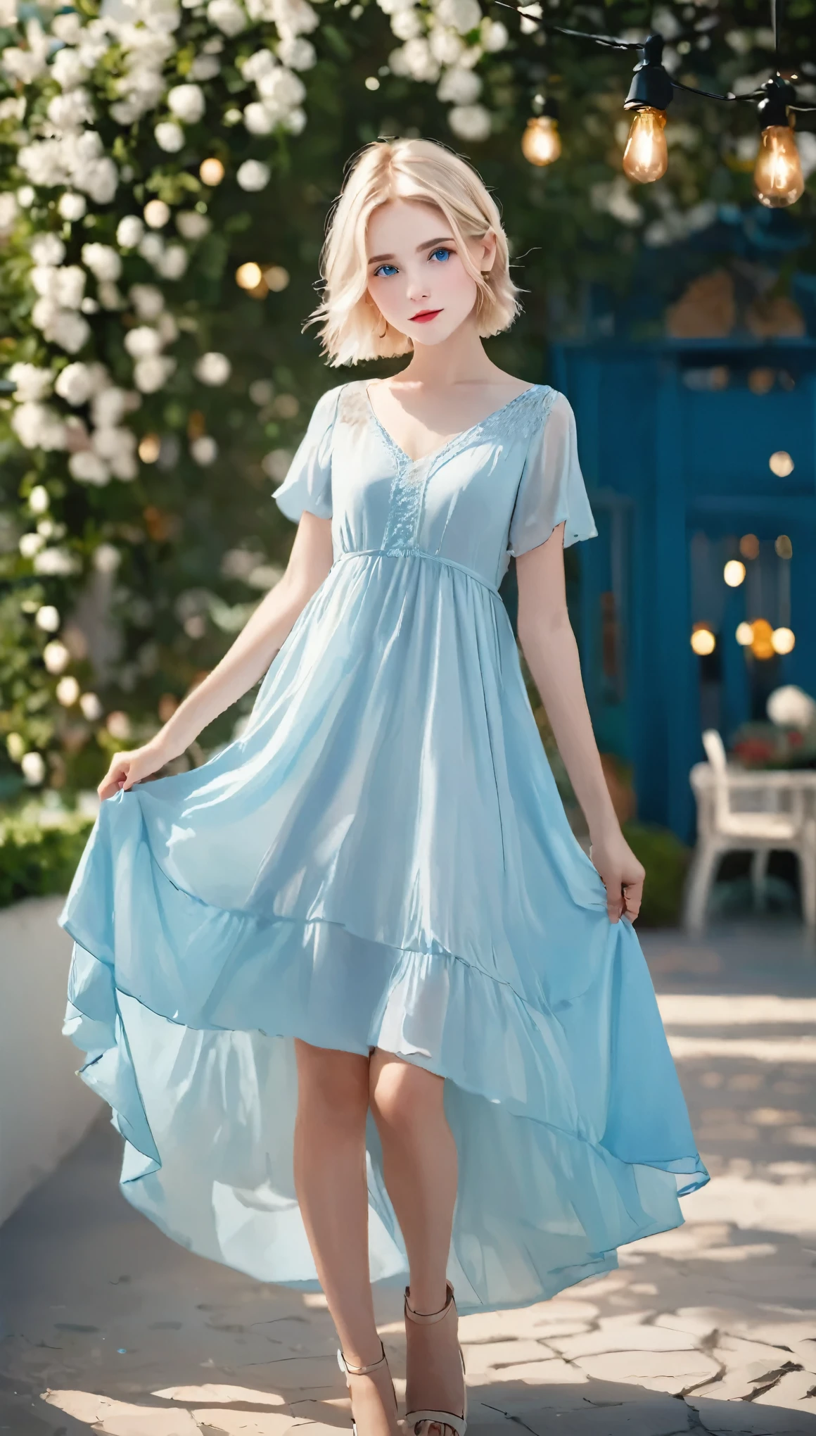 Gorgeous girl, beautiful, Baby Face, 20-year-old, White skin, other than that, Sexy pose, White Loose Halfway Dress, blue eyes, logic, Bokeh, Modern place background, masterpiece, Full Body Shot