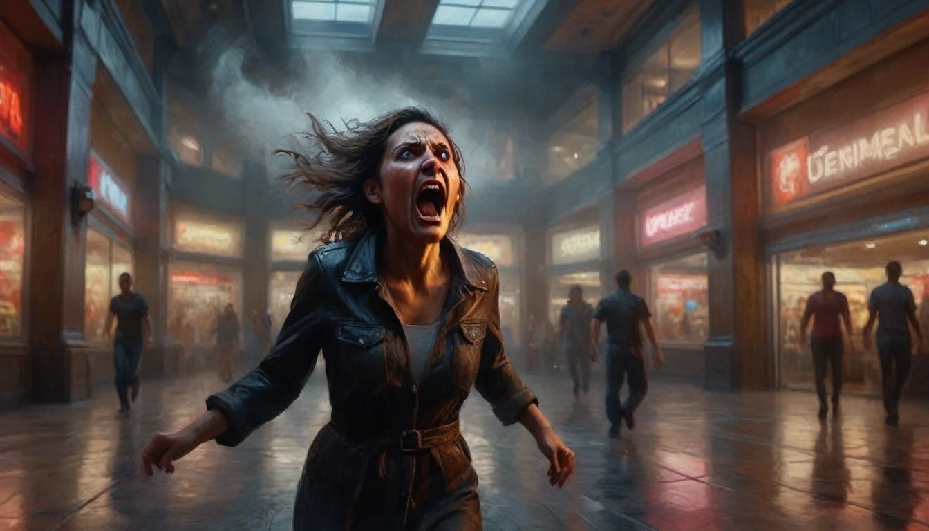 a woman screaming in terror, liquid metal coalescing into a bloodthirsty demon, busy shopping mall, hyper realistic, cinematic lighting, dramatic shadows, volumetric fog, vibrant colors, unreal engine, photorealistic, detailed facial features, expressive eyes, highly detailed, 8k, masterpiece, cinematic composition, dramatic atmosphere, intense contrast, moody lighting