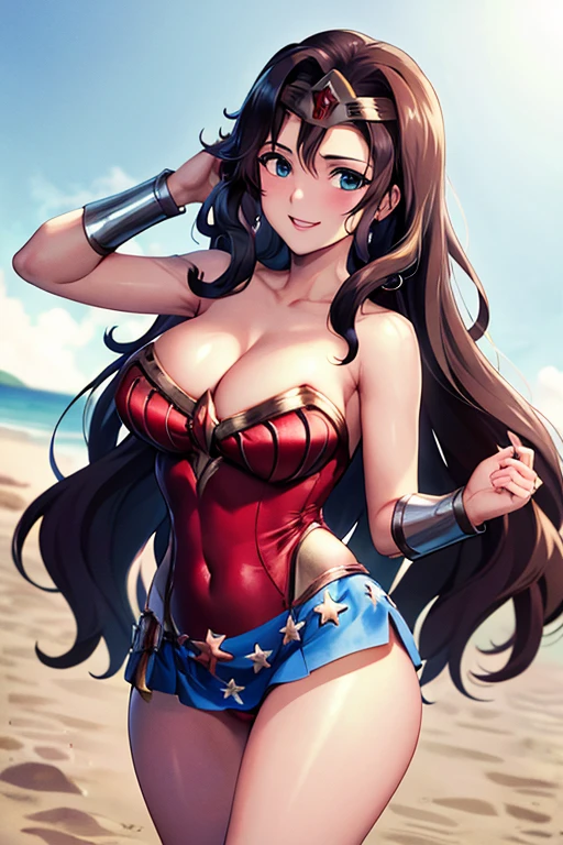 masterpiece, best quality, beautiful art, high resolution, well formed hands, body and fingers, 1 woman, solo, wonder woman, tiara , long hair,, adult, big breasted, cleavage, full body, sexy and skimpy outfit , gorgeous legs and thighs , dancing seductively and erotically, turning backwards and forwards, showing her back and front, showing her butt, bikini thong, smiling joyfully, looking at the viewer, flirting, beach environment