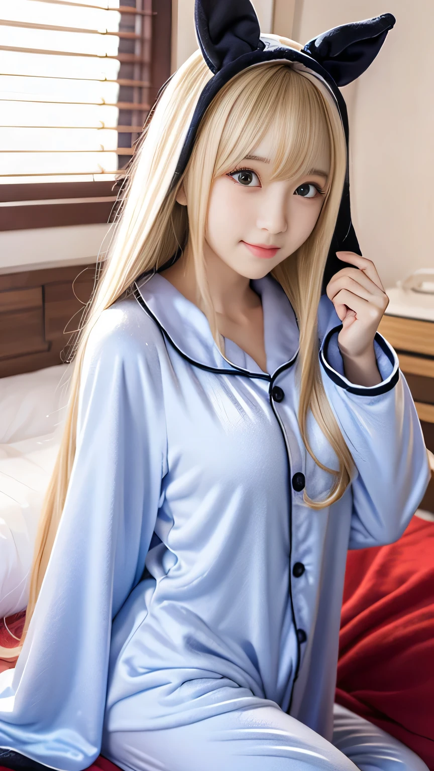Kigurumi Costume Pajamas、Sexy Big 、A cute 15-year-old girl with a sexy and cute look, beautiful and sexy face、A strong wind blows my hair in front of my face、With straight blonde hair、beautiful, Cute and sexy eyes hidden behind long bangs、Costume pajamas