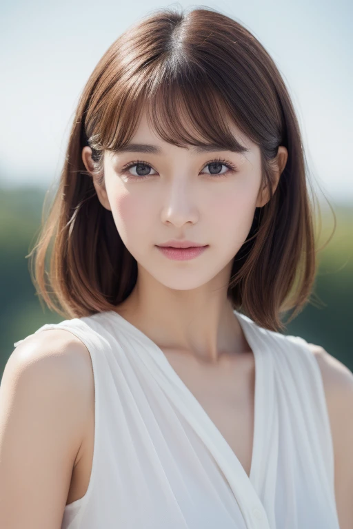 ((highest quality, 8k)),Beautiful woman with perfect figure, Slim Abs, Highly detailed face and skin texture, double eyelid, Small Bust,Symmetrical face、Sebaceous reflex、bangs,Delicate facial features、The face is very realistic、Bright Eyes、Looking at the audience、Extremely realistic skin、Background is sky、Movie style、Gentle expression、smile、whiteTshirt、Natural look、Brown Hair、cute、fine