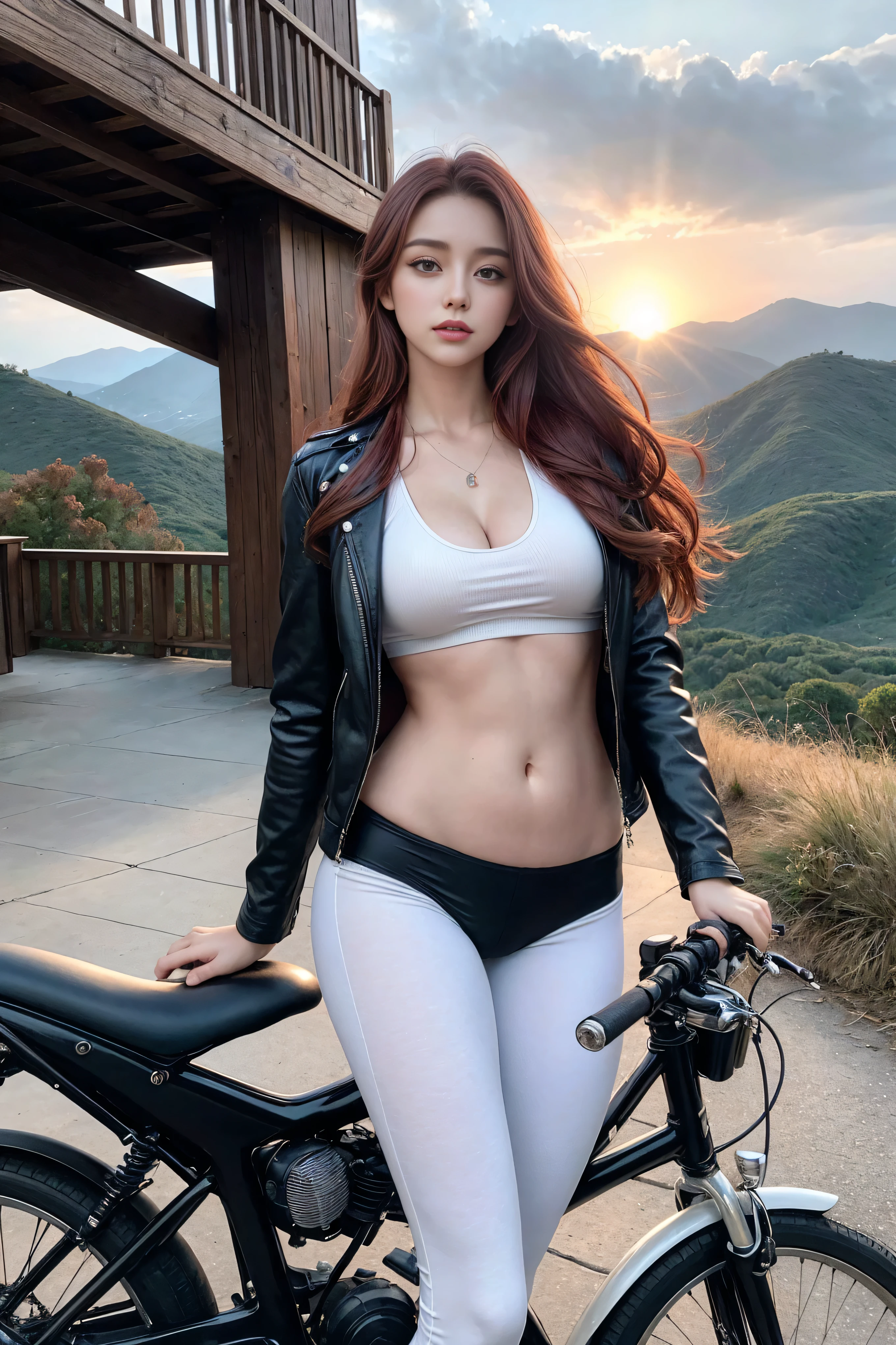 Woman riding a classic bicycle，Beautiful woman，Red long hair，Full scene shooting，Best quality，Sunset，Stairway，Windy，look up to the sky，Beautiful women，Outdoor scene，Dark red hair，Natural landscape，Fall，leather jacket，Belly button popping，Tights，Sexy long legs，（Thigh gap：1.5），（Hips，Wide hips），Highly detailed face and skin texture，Delicate eyes，Double eyelids,whole body，20-year-old female model，Octane Rendering，Two-tone lighting，Large aperture，Low ISO，White Balance，Drive a motorcycle，landscape