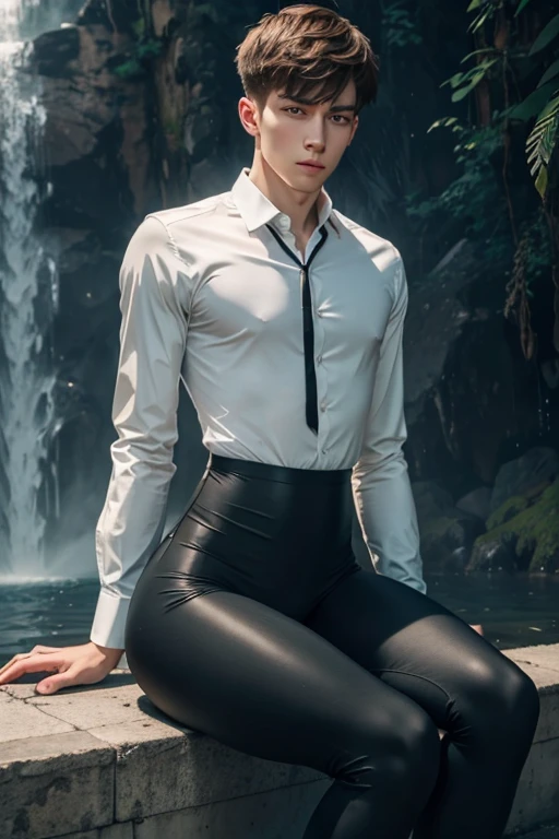 A Russian young man having long legs, thick thighs, large hips, thin and narrow weist, big large feminine body, long legs, thick thighs, large wide hips, very small spikey boyish haircut, wearing formal shirt and leggings, penis growing in his leggings, waterfall, man, man, man small beard, man, man man, Russian man, sitting 
