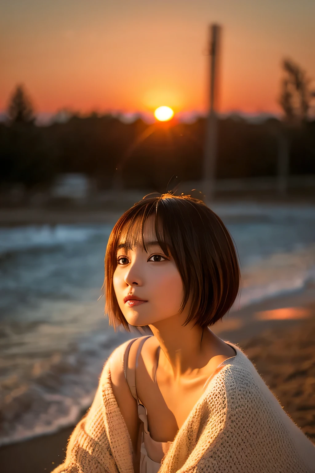 woman in bob watching the sunset, round face,