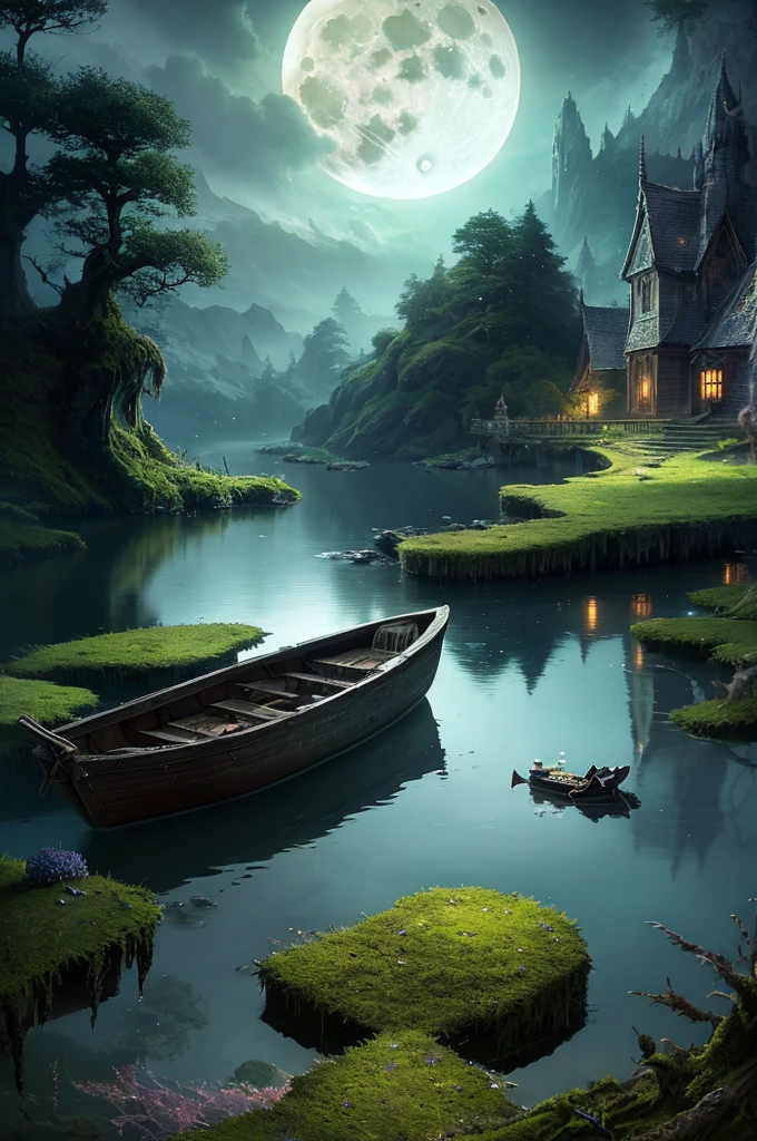 Boat, High Fantasy, Magical Effects, Ultra-realistic, Super detailed, Mysterious atmosphere, Old and abandoned, grown, Luminous moss, Dark atmosphere, The light spreads evenly, so beautiful, Beautiful underwater landscape in the background,full moon