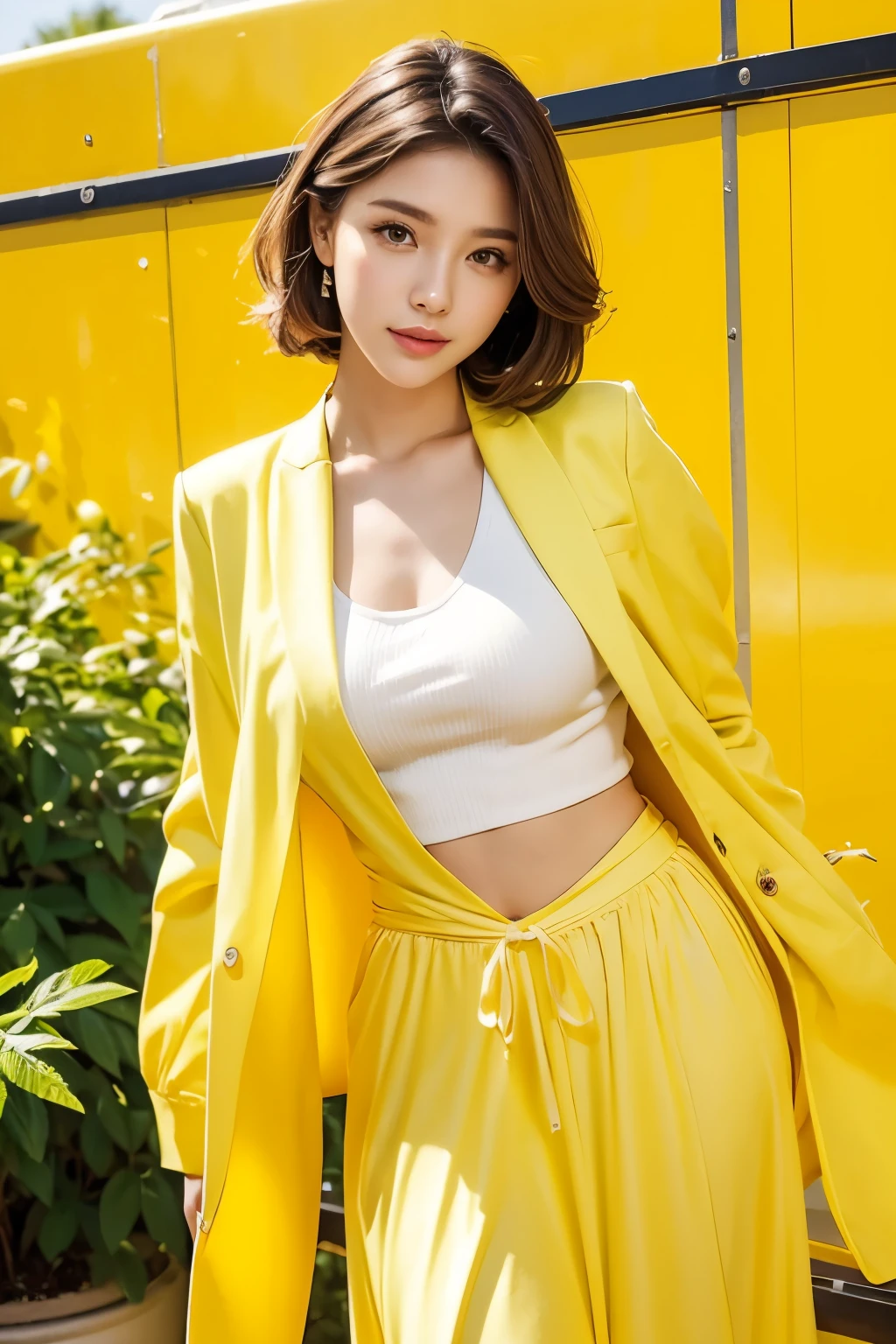 Feeling fresh like a lemon, beautiful woman, Colorful backgrounds, magazine pose, neat clothes,