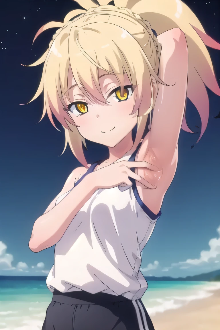 masterpiece, best quality, 1girl, kunou, blonde hair, short hair, ponytail, yellow eyes, gym outfit, white shirt, blue buruma, black socks, black shoes, closed mouth, solo, upper body, night sky, beach, arms behind head, contrapposto, spread armpits, looking at viewer, best quality, smile,