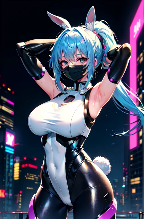 Super beautiful girl, (masterpieceの目:1.3), (Sleeveless Exoskeleton Bodysuit:1.3), Sweaty skin, (Blue Hair, ponytail), (Exposed armpits, exposed Underarm, Exposed crotch), cowboy_shot, Side Focus, Shiny, Huge_chest, wide_Waist, (Put your arms behind your head, Underarm), Open Stance, (Cybertechpunk mouth mask:1.2), Cyberpunk City, (Bunny ears, Rabbit's Tail), masterpiece, highest quality, It captures a very cute moment, Depth of written boundary, Super detailed, Ultra-high resolution, c4d, Octadale, 3D Modeling, 8k, 16k, Cute way to sit,