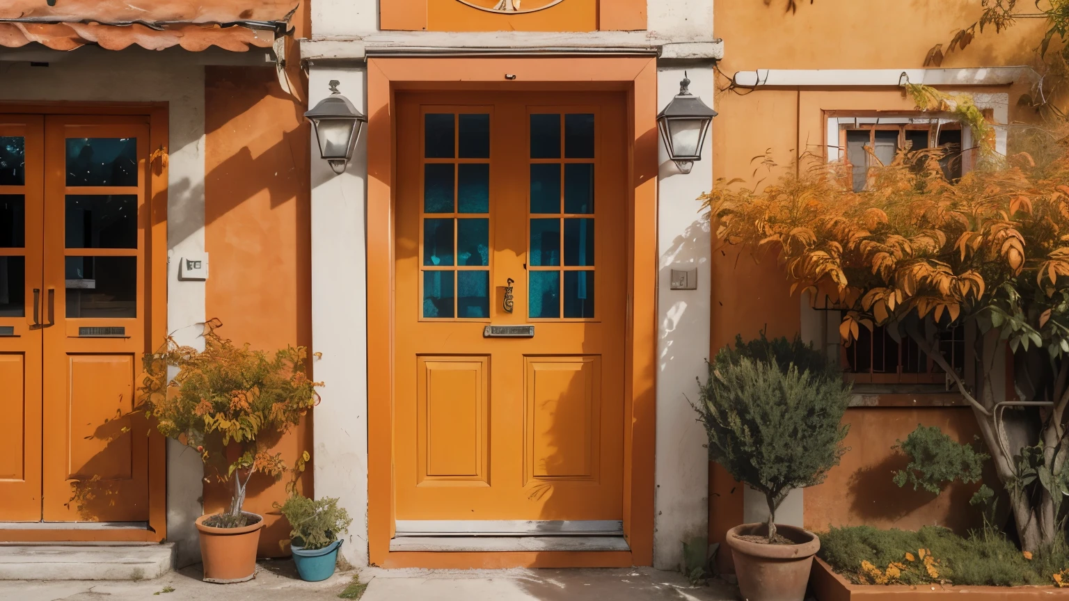 (no humans:1.2), (No humans:1.1), background, wallpaper, landscape, ((from front:1.2)), orange trees, orange trees, orange leaves, (red apartment, blue door, door focus, open door:1.3), red place, (highres, high quality, masterpiece:1.1)