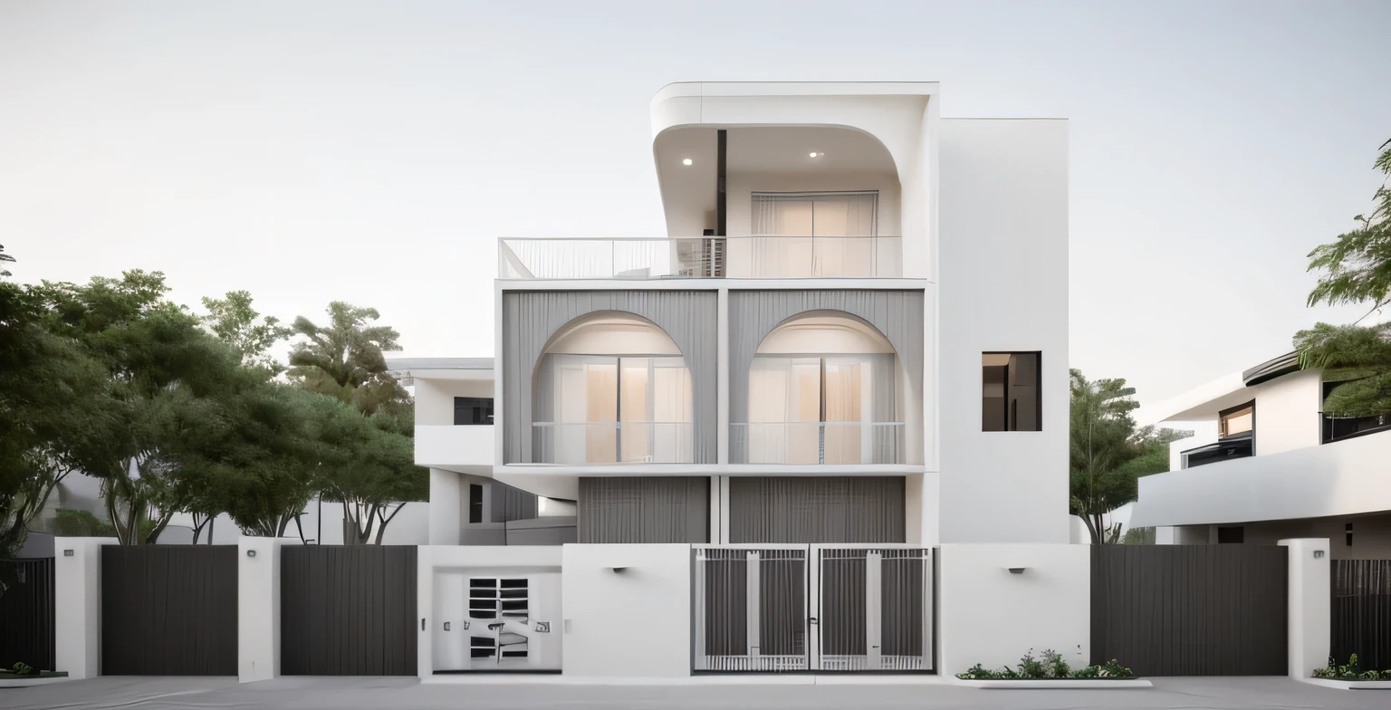 a minimalist design minimalist style building, gray & white minimalist color on exterior walls, front entrance, modernism Jacques-Laurent Agasse, futuristic-themed, rectangular outline, colorblocked horizontal panels, one-section, various objects, abstracts, chevron pattern --v 5.2 --ar 2:3
