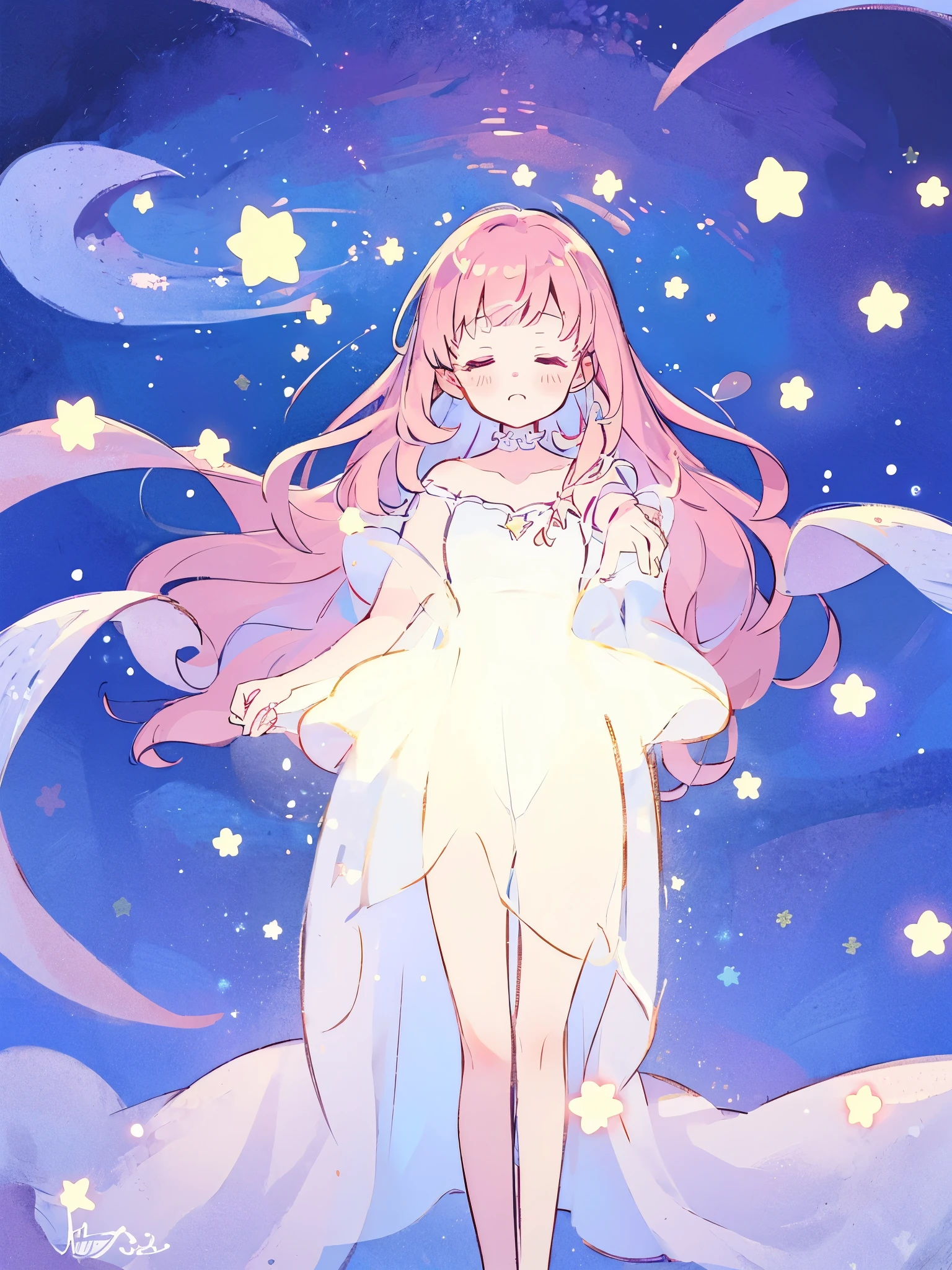 complex background, wishing star background, a woman wearing an ethereal mystical pink translucent dress that reflects the stars, mystic, complex drawing, highly detailed, ethereal, starry night, midjourney style