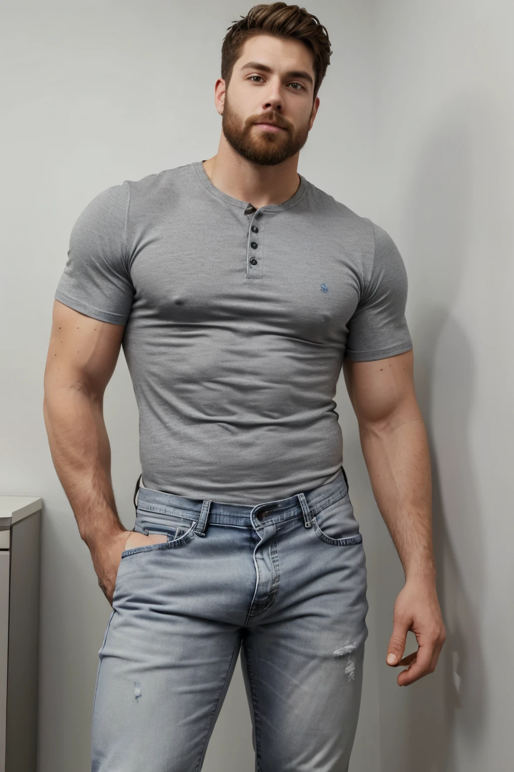 Un hombre con la cara se parece a braden werch., Su cuerpo es musculoso y pe barba dentada. Full body. Camisa Fajada, gray jeans, big bulge