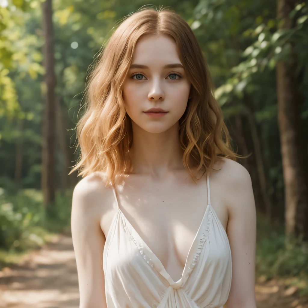 Sophia Lillis, slender body, long wavy hair, extra pale skin, dark makeup, bright sunlight, loose dress, cleavage