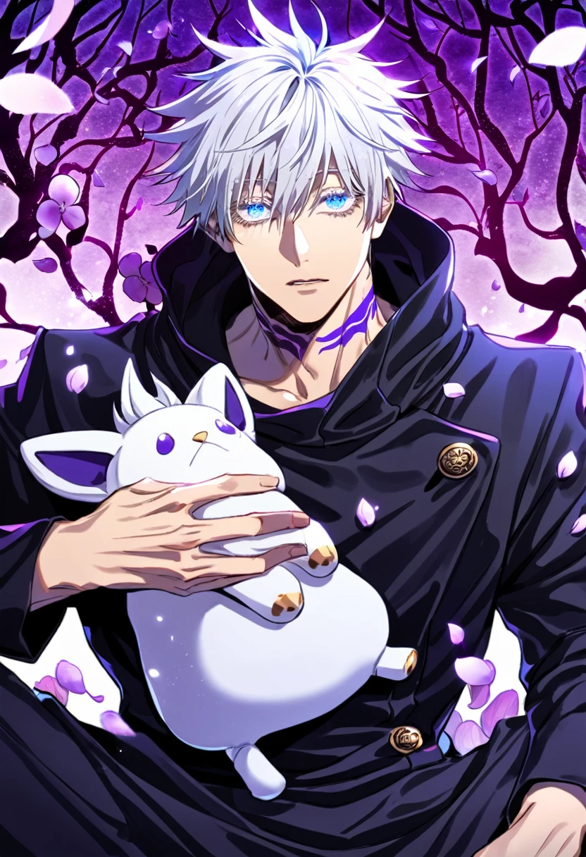 Ultra detailed, HDR, Highres, absurdres, master piece, Gojo Satoru, white hair with bangs, expressive blue eyes, white eyelashes, hair between the eyes, Jujutsu Kaisen, purple background, petals, fantasy, purple flowers, sexy man, solo, extremely detailed face and eyes, handsome, glittering, toned chest, black coat, black coat with patters, purple moon, purple flames, sitting, black pants, tattoo on his neck, purple background, holding a plushie of Fushiguro,