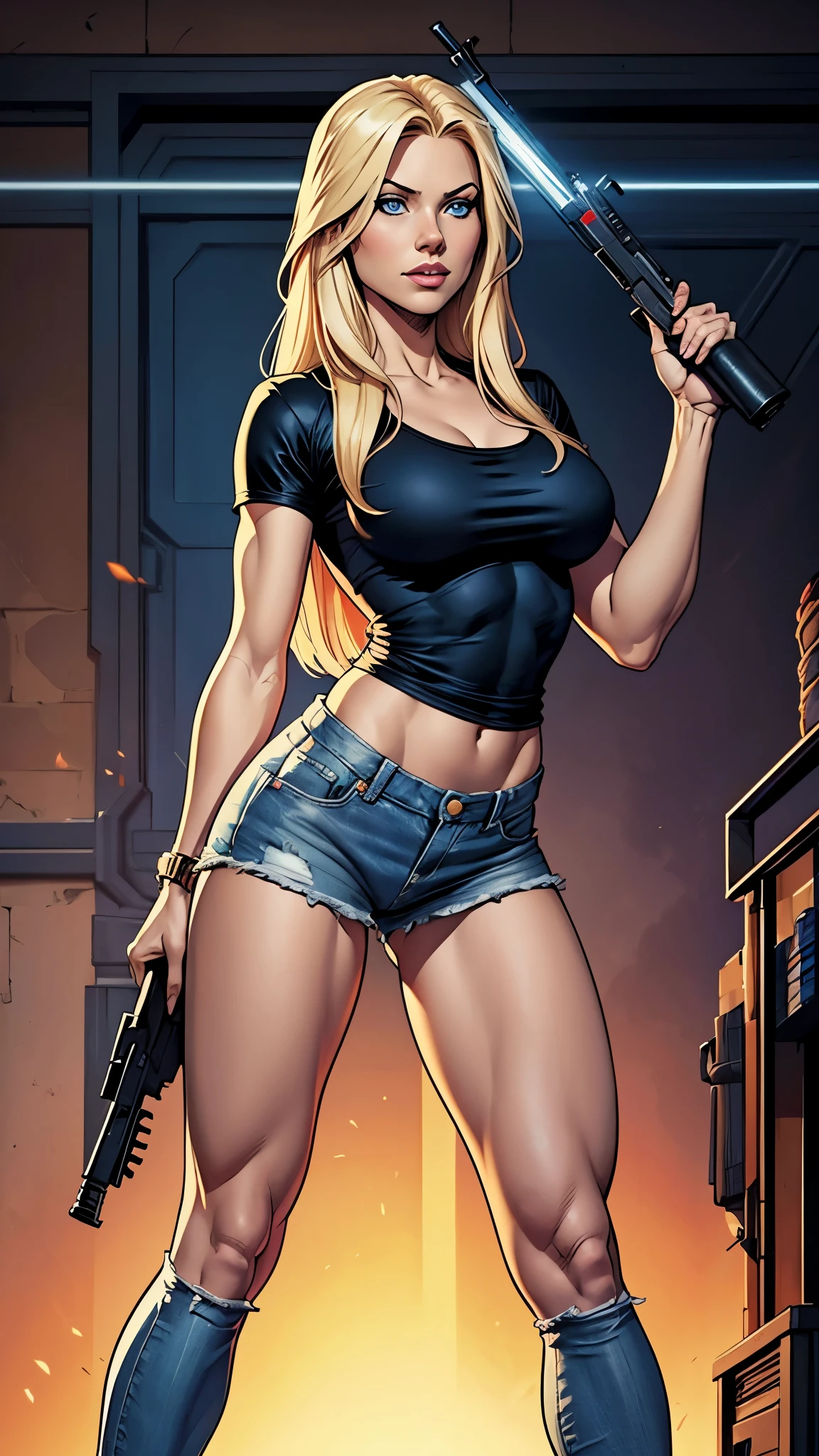 Only one woman with long straight light blonde hair. Bright and expressive blue eyes. She opted black shirt, kitbag, weapon ak-45 in her arm, big hip, long legs. Busty. Beautiful woman. Comic style, marvel comics. Sexy small denim shorts