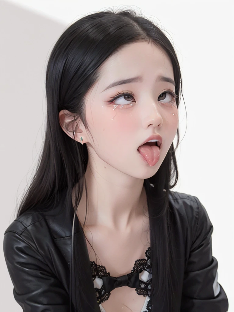 Emery Ratajkowski,Roll your eyes, stick out your tongue, long tongue, dribbling, Ahegao, retina, textured skin, Anatomically correct, Highly detailed, High quality, ((dark eyes,black eyes)),Very beautiful face and eyes, Big eyes, 1 female、Actual skin type,The pores are visible.,Maid cafe, completely naked, ((sperm))