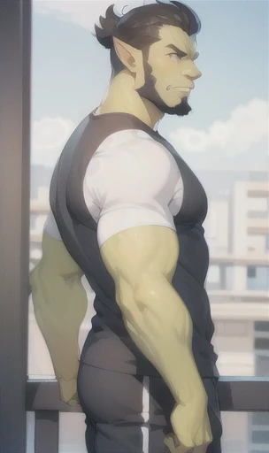 orc, mature male, track pants, runes, from side, looking away,   