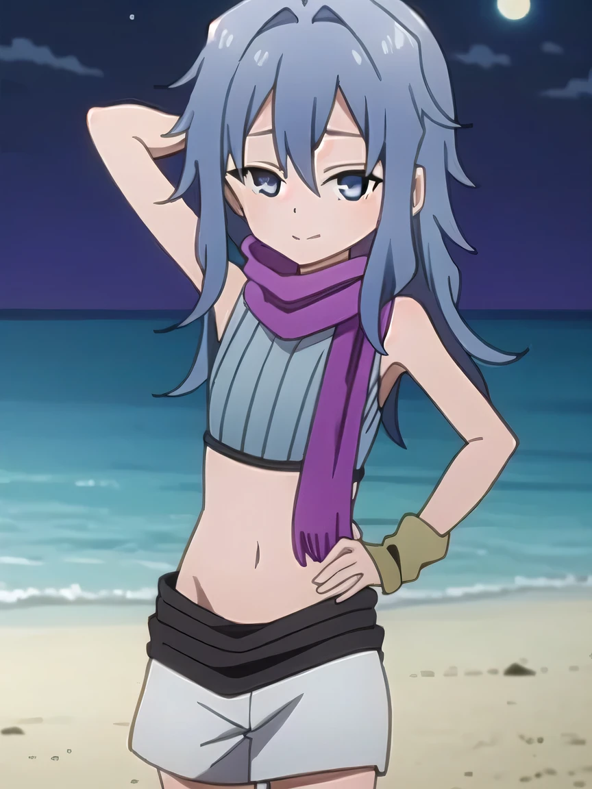 kunoichi_hagi, blue eyes, blue hair, long hair, crop top, sleeveless, purple scarf, shorts, closed mouth, solo, (cowboy shot:1.5), night sky, beach, arm behind head, hand on hip, contrapposto, spread armpits, looking at viewer, best quality, smile