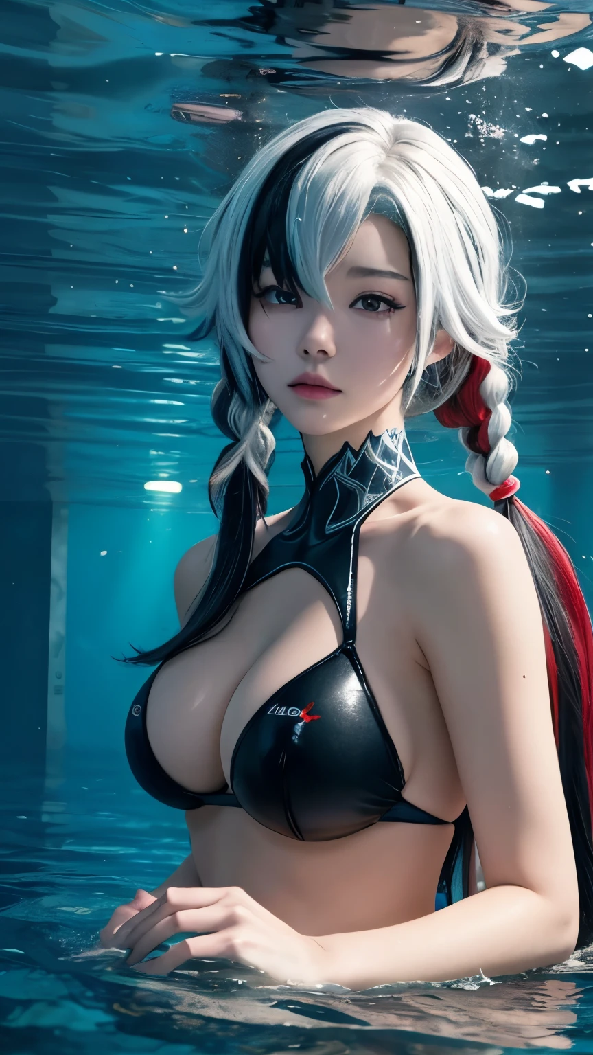 、deep sea、Coral Reef、diving、白色diving衬衫、Flippers、weightlessness、((Best quality,8k,masterpiece:1.3))、A woman、White hair,black hair,Colorful hair,Straight Hair,Long braids,Red eyes,Red X pupils,Underwater Photography、Underwater perspective、Underwater perspective、Floating underwater、swim, Big breasts,sleeveless