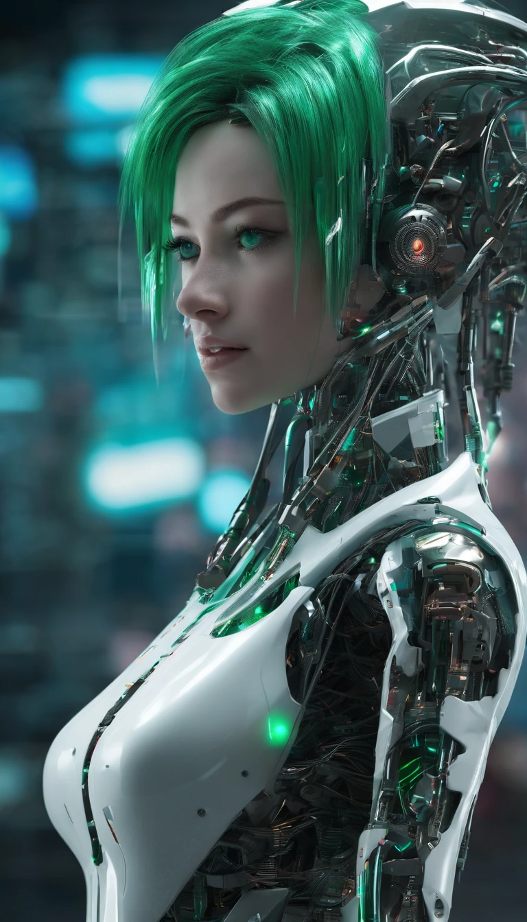 best quality, highres), green-haired girl with long hair, close-up of her face, wearing a white skirt, details of her eyes and face, bright colors, soft lighting, digital illustration, ethereal atmosphere