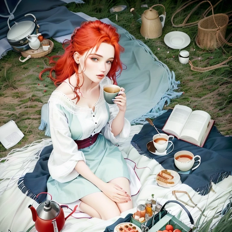 woman sitting on a blanket with a book and a cup of tea, having a picnic, people on a picnic, woman drinking coffee, forest picnic, stylized photo, woman with red hair, having a snack, summer setting, picnic, sitting in a field, middle close up composition, styled food photography, photo mid shot, flatlay, discovered photo, beautiful view