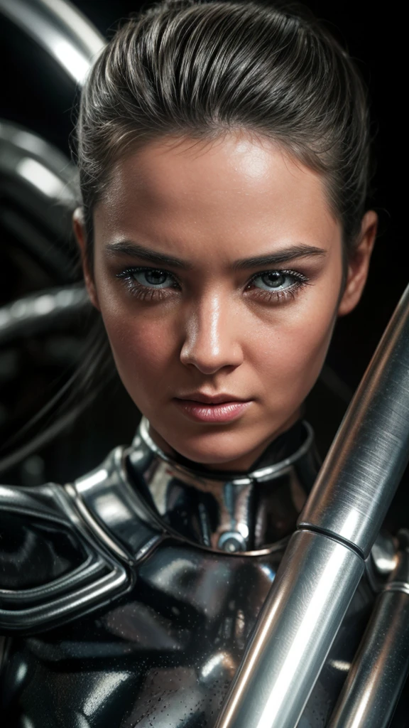 Liquid Metal Humanoid、Ultra-realistic、Very detailed、Shiny metallic silver body、Flowing liquid metal texture、intricate mechanical details、Organic Biomechanical Design、Cinematic lighting、Dramatic Pose、Dystopia、Bad mood、dark、Chiaroscuro、(highest quality、4k、8k、High resolution、masterpiece:1.2)、Super detailed、(Realistic、フォトRealistic、フォトRealistic:1.37)