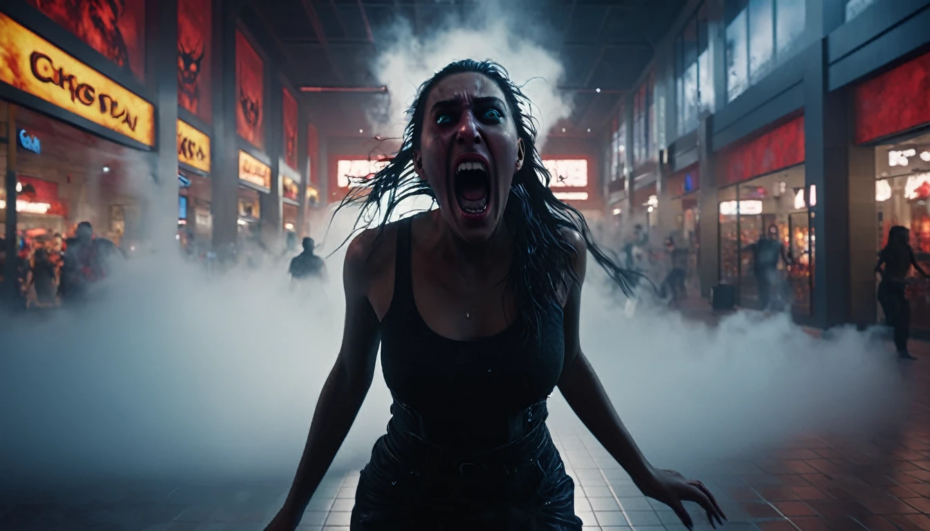 a woman screaming in terror, liquid metal coalescing into a bloodthirsty demon, busy shopping mall, hyper realistic, cinematic lighting, dramatic shadows, volumetric fog, vibrant colors, unreal engine, photorealistic, detailed facial features, expressive eyes, highly detailed, 8k, masterpiece, cinematic composition, dramatic atmosphere, intense contrast, moody lighting