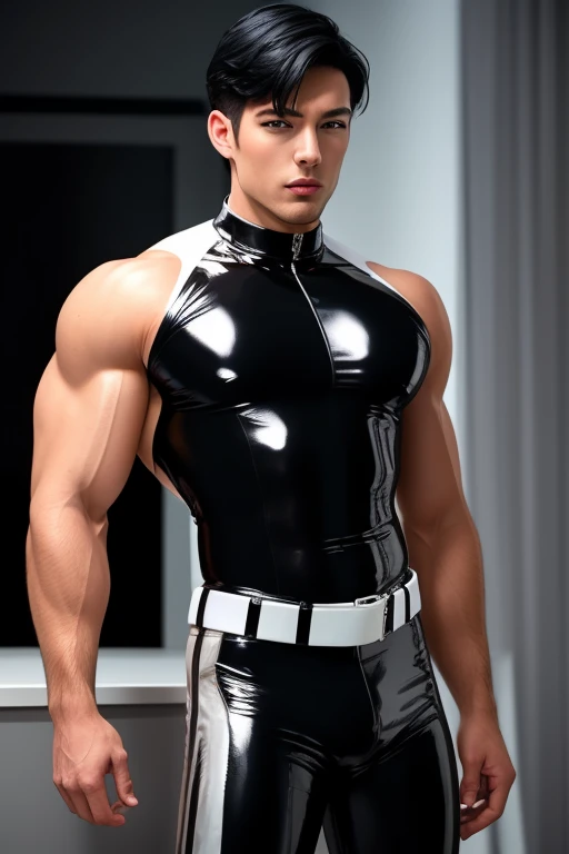 Japan man，man,youth，Best quality, crisp quality, Masterpiece, Highest resolution, Highly detailed, super tight black latex shirt, love heart，wearing black latex micro thong, show his huge breasts muscle, Handsome muscular young teenage boy, standing forward, showing his huge muscular bulge，Full-body muscular figure，night club，