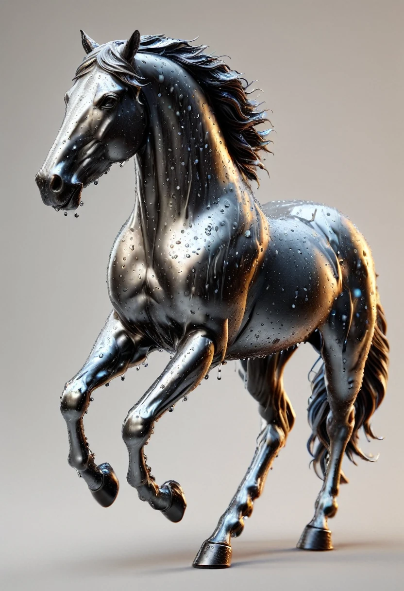 a running horse made of liquid metal, detailed sculpture, hyper detailed, 8k, masterpiece, ultra-detailed, photorealistic, physically-based rendering, extreme detail description, vivid colors, studio lighting