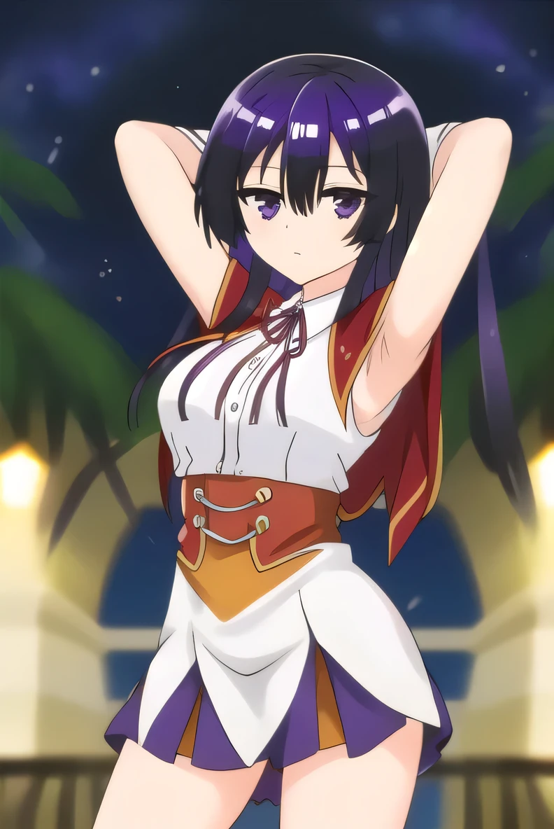 yumiella, 1girl, solo, long_hair, looking_at_viewer, bangs, black_hair, hair_between_eyes, school_uniform, purple_eyes, white_shirt, shiny, collared_shirt, blurry, black_eyes, shiny_hair, red_ribbon, dress_shirt, neck_ribbon, capelet, expressionless, solo, night sky, beach, arms behind head, contrapposto, spread armpits, closed mouth, (cowboy shot:1.5), looking at viewer,