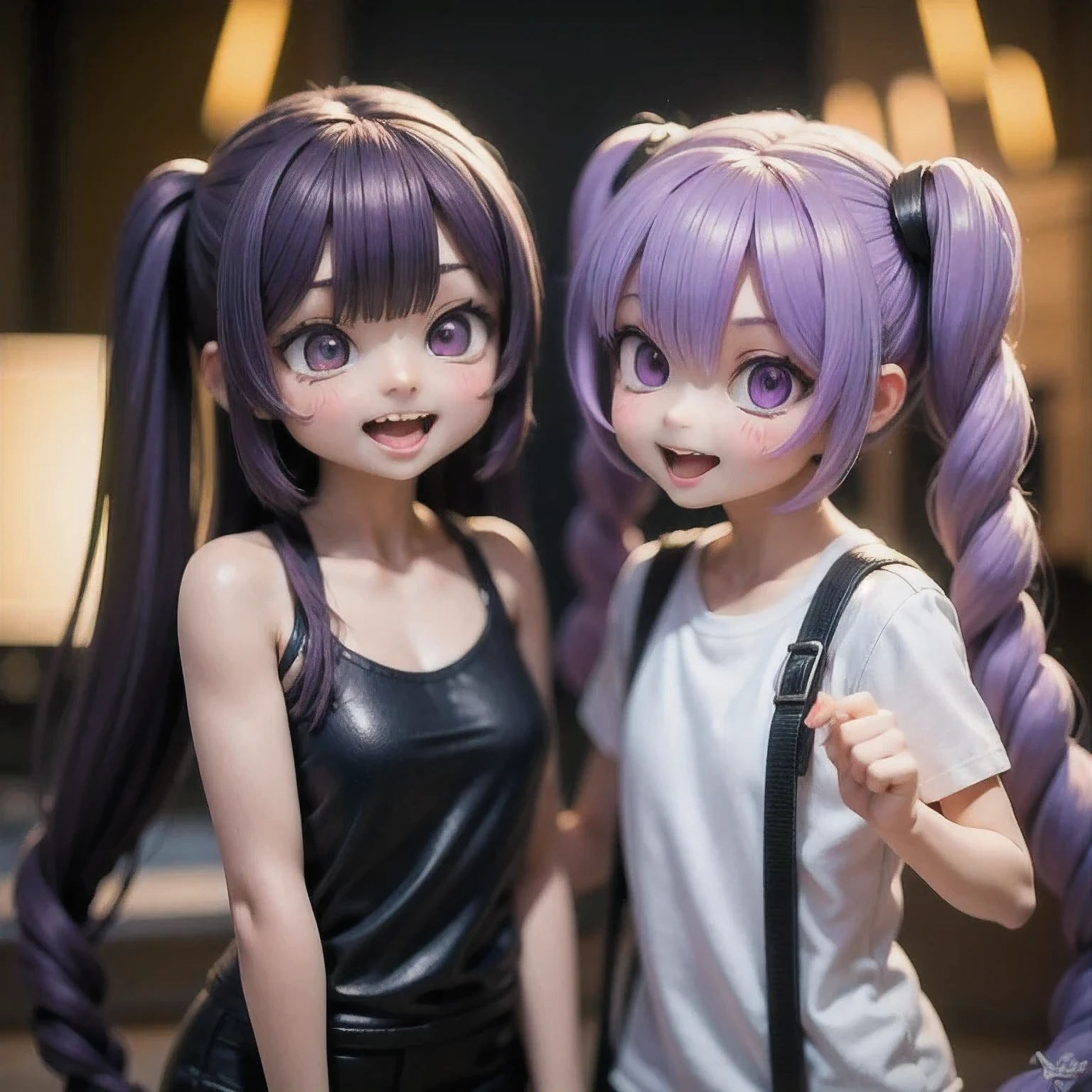 arafed 2 girls with purple hair and a white shirt, long braided purple hair, violet long hair, elegant fantasy style braids, pigtails hairstyle, long light purple hair, long purple hair, purple long hair, long violet hair, purple flowing hair, lavender hair, purple hair, violet hair, lilac hair, flowing purple hair, kawaii hairstyle, purple color,(((2 girls))), solo,araffe 2 girls with long hair and a black top smiling, her face flushing and sweat, she is smiling and excited, staring sofía vergara screaming, she expressing joy, looks a blend of grimes, she is laughing, hito steyerl, so happy that her face hurts, looks like a mix of grimes, she is smiling and happy